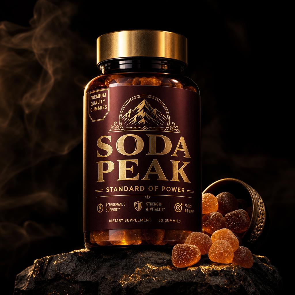 Soda Peak Gummies bottle with gold cap and maroon Standard of Power label on black rock